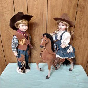 Vintage 3 Pcs Cowboy Cowgirl Porcelain Dolls & Horse Western Country Collectible